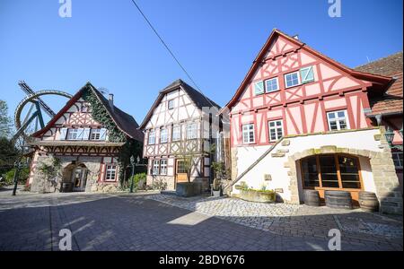 07 April 2020, Baden-Wuerttemberg, Cleebronn: The village street in the empty amusement park Tripsdrill. During the easter holidays the park is actually very well visited. To slow down the spread of the coronavirus, amusement parks are also closed. Photo: Sebastian Gollnow/dpa Stock Photo