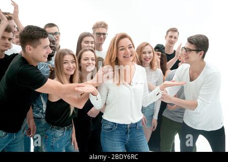 group of young people supporting their leader Stock Photo