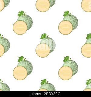 Seamless pattern with fresh whole, half melon fruit isolated on white background. Cantaloupe melon. Summer fruits for healthy lifestyle. Cartoon style Stock Vector