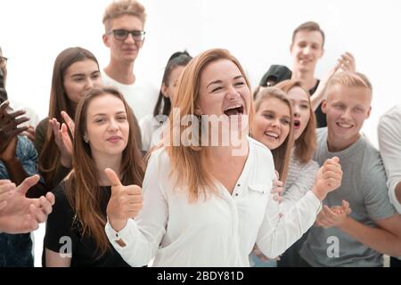 group of young people supporting their happy leader Stock Photo