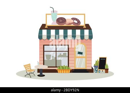 Facade of the cafe building with a sign. A bakery store, cafe, pastry and dessert shop. A display of coffee and cakes products. Market or supermarket Stock Vector