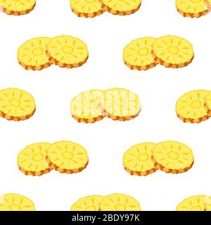 Seamless pattern with fresh cut rings pineapple fruit with leaves on white background. Summer fruits for healthy lifestyle. Organic fruit. Cartoon sty Stock Vector