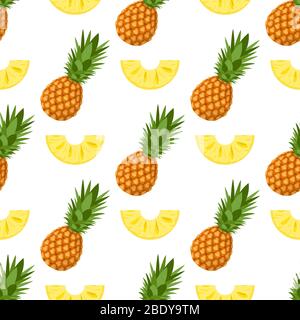 Seamless pattern with fresh whole and cut slices pineapple fruit with leaves on white background. Summer fruits for healthy lifestyle. Organic fruit. Stock Vector