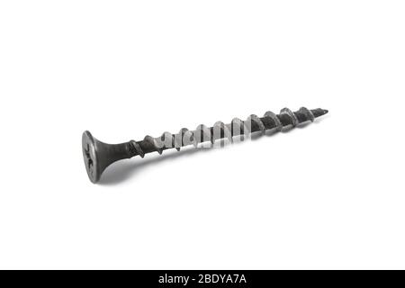 Black self-tapping screw close up isolated on white Stock Photo