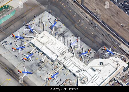 Los Angeles, California – April 14, 2019: Southwest Airlines Boeing 737 airplanes Terminal 1 at Los Angeles International airport (LAX) in California. Stock Photo