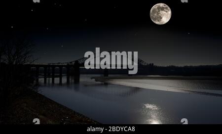 Full moon over Runcorn old bridge with the moonlight on the river Mersey. Stock Photo