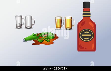 broken bottle with filled and empty beer mugs Stock Vector