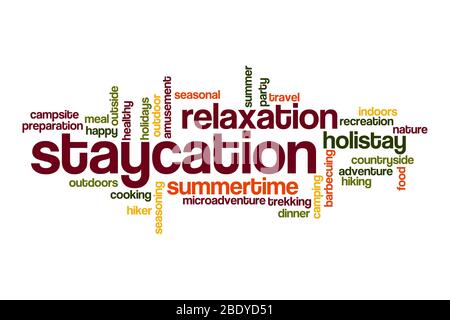 Staycation word cloud concept on white background Stock Photo