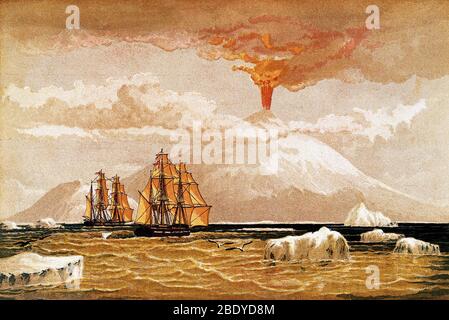 Mount Erebus, Antarctica: the volcano in eruption. Chromolithograph from 1868. Mount Erebus was discovered on January 27, 1841 (and observed to be in eruption) by polar explorer Sir James Clark Ross who named it and its companion, Mount Terror, after his ships, Erebus and Terror. Present with Ross on the Erebus was the young Joseph Hooker, future president of the Royal Society. Mount Erebus is the southernmost active volcano on earth and the most active volcano in Antarctica, with a summit elevation of 3,794 metres (12,448 ft). It is located on Ross Island. Stock Photo