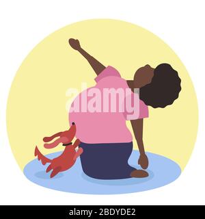 Fat funny african woman doing camel pose or ustrasana. Her dog is helping her with exercise. Illustration in vector format Stock Vector