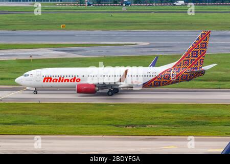 Changi, Singapore – January 29, 2018: Malindo Air Boeing 737-800 airplane at Changi airport (SIN) in Singapore. Boeing is an American aircraft manufac Stock Photo