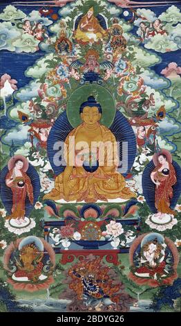 Tsongkhapa with Bhaishajyaguru, Medicine Buddha Stock Photo