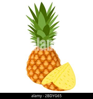 Fresh whole and half pineapple fruit isolated on white background. Summer fruits for healthy lifestyle. Organic fruit. Cartoon style. Vector illustrat Stock Vector