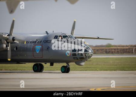 Otopeni, Romania - April 9, 2020: Antonov An-30 military plane of the Romanian Air Force at Henri Coanda International Airport. Stock Photo