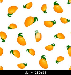 Seamless pattern with fresh bright exotic whole mango isolated on white background. Summer fruits for healthy lifestyle. Organic fruit. Cartoon style. Stock Vector
