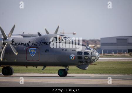 Otopeni, Romania - April 8, 2020: Antonov An-30 military plane of the Romanian Air Force at Henri Coanda International Airport. Stock Photo