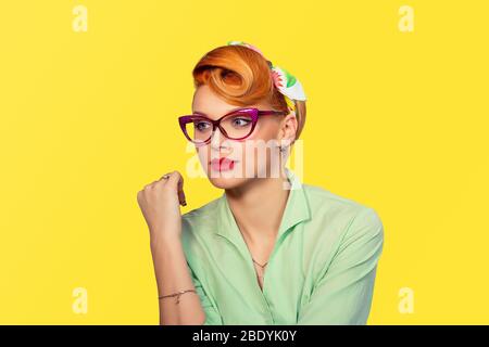 Vision. Closeup portrait confident successful beautiful attractive young woman fashion girl posing with sunglasses hand on head isolated yellow backgr Stock Photo