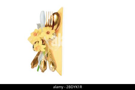 Cutlery set with Easter flowers and napkin isolated on white background. Stock Photo