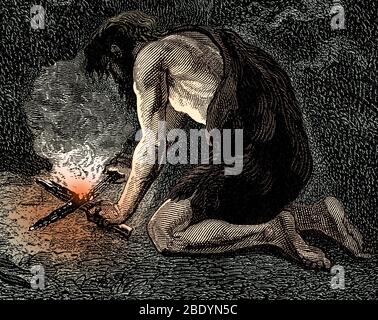 Prehistoric Man, Stone Age Control of Fire Stock Photo