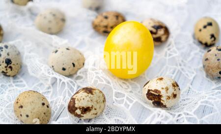 Happy Easter theme. Bright idea how to decorate Easter table. Stock Photo