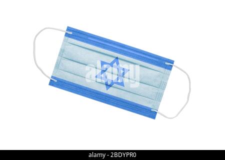 medical face mask with israel flag isolated on a white background. pandemic concept in israel. coronavirus in israel Stock Photo