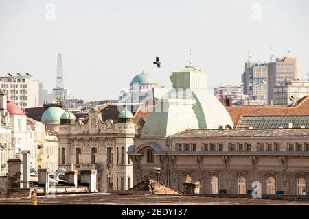 Belgrade, Serbia - March 18, 2020: City rooftops on a sunny day with a bird flying above Stock Photo