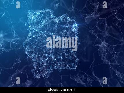 The map of Ivory Coast indicating a connected web of dots and lines. (series) Stock Photo