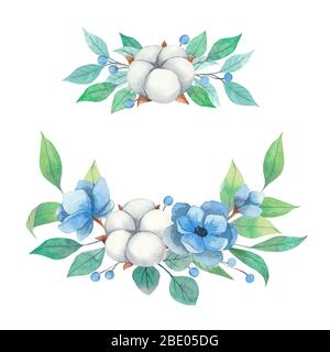 Spring watercolor set floral bouquets of flowers anemone, cotton and green twigs isolated on a white background Stock Photo
