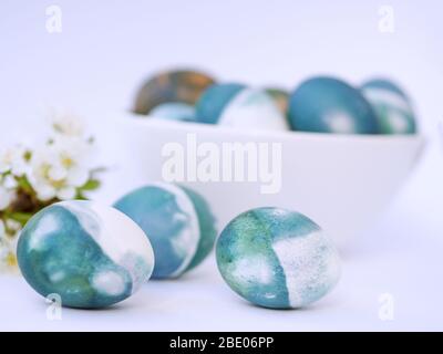 Easter eggs colored with a red cabbage natural colour on a white background with blank space decorated with white spring flowers in a light blue bowl. Stock Photo
