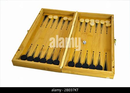 Backgammon game. Backgammon board isolate on a white background close-up. Stock Photo