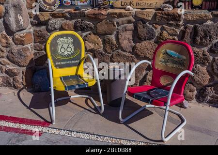 Metal lawn chairs at Cool Springs Station along Historic Route 66 in Arizona, USA [No property release; available for editorial licensing only] Stock Photo