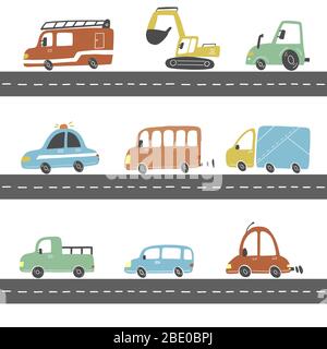 Set of cartoon cute kids and toy style cars and other transport, truck, police car, fire truck, excavator, bus. Isolated vector illustration. Stock Vector