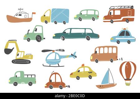 Set of cartoon cute kids and toy style cars and other transport, truck, taxi, police car, fire truck, ship, helicopter, excavator, bus. Isolated vector illustration. Stock Vector