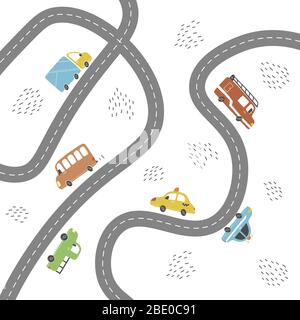 Cartoon cute kids map with car, road, city landscape elements. Cars, building, road of hand drawn, children toy style. Vector illustration. Stock Vector