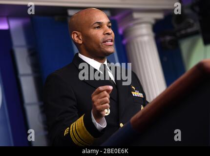 United States Surgeon General Vice Admiral (VADM) Jerome M. Adams, M.D., M.P.H. delivers remarks during President Donald J. Trump's Coronavirus Task Force briefing, at the White House in Washington, DC on Tuesday, April 6, 2020. Credit: Kevin Dietsch/Pool via CNP | usage worldwide Stock Photo