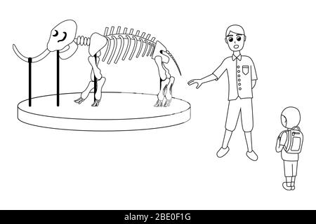 The guide during a tour of the museum shows the skeleton of a mammoth. father with son. outline vector illustration Stock Vector