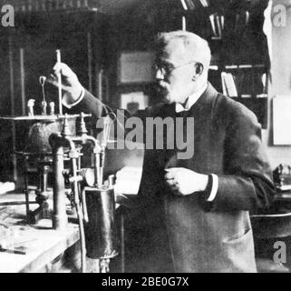 Ehrlich performing a set test pattern for chemotherapy with Salvarsan. Paul Ehrlich (March 14, 1854-August 20, 1915) was a German physician and scientist who worked in the fields of hematology, immunology, and chemotherapy. The methods he developed for staining tissue made it possible to distinguish between different type of blood cells, which led to the capability to diagnose numerous blood diseases. His laboratory discovered Arsphenamine (Salvarsan), the first effective medicinal treatment for syphilis, thereby initiating and also naming the concept of chemotherapy. Ehrlich popularized the c Stock Photo