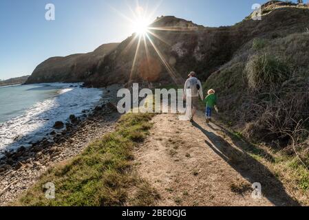 Dad and small child holding hands on path near ocean on a sunny day Stock Photo