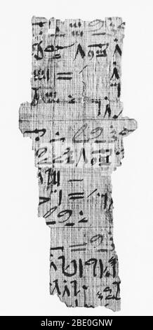 The Rhind papyrus, also known as the Ahmes papyrus, dating to around 1650 BC in Egypt, is one of the earliest mathematical records to be found on a paper-like substance. It is a fragment from a reference book of everyday mathematics used by ancient Egyptians. Stock Photo