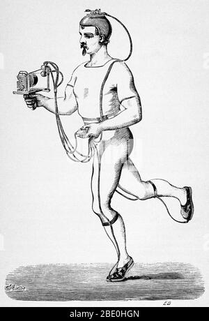 Runner provided with an apparatus intended to register his different paces, designed by Etienne-Jules Marey. Published in Marey's 'Animal mechanism: a treatise on terrestrial and aërial locomotion' (1874). Marey (1830-1904) was a French scientist, physiologist and pioneer of early photography. He became fascinated by movements of air and started to study birds. He adopted and further developed animated photography into a separate field of chronophotography in the 1880s. His revolutionary idea was to record several phases of movement on one photographic surface. In 1882 he made his chronophotog Stock Photo