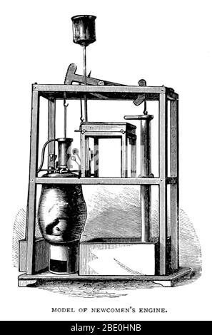 The atmospheric engine invented by Thomas Newcomen in 1712, often referred to simply as a Newcomen engine, was the first practical device to harness the power of steam to produce mechanical work. Newcomen engines were used throughout Britain and Europe, principally to pump water out of mines, starting in the early 18th century. James Watt's later Watt steam engine was an improved version of the Newcomen engine. As a result, Watt is today better known than Newcomen in relation to the origin of the steam engine. Thomas Newcomen (February 1664 - August 5, 1729) was an English inventor, ironmonger Stock Photo