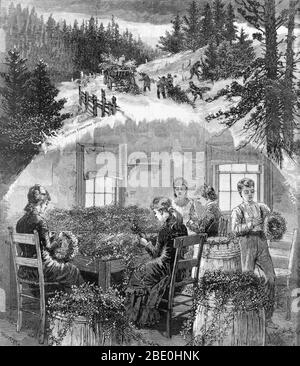 Entitled: "Preparing Christmas greens. Making wreaths." Wood engraving showing four women and a boy making wreaths, and scene of people cutting Christmas trees. Christmas wreaths are made from real or artificial conifer branches, or sometimes other broadleaf evergreens like magnolia or holly, along with pinecones and sprays of berries, and Christmas ornaments. A bow is usually used at the top or bottom, and an electric or unlit candle may be placed in the middle. Christmas is an annual commemoration of the birth of Jesus Christ and a widely observed cultural holiday, celebrated on December 25 Stock Photo