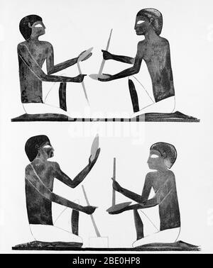 The manufacture of flint knives, as represented in the Ancient Egyptian Beni Hasan tomb, located south of modern-day Minya in the region known as Middle Egypt, the area between Asyut and Memphis. This site was primarily used during the Middle Kingdom, spanning the 21st to 17th centuries BCE (Middle Bronze Age). Stock Photo