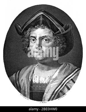 Portrait of Christopher Columbus published in 1844. Christopher Columbus (October 30 or 31, 1451 - May 20, 1506) was an Italian explorer, colonizer, and navigator. He completed four voyages across the Atlantic Ocean that led to European awareness of the American continents. During his first voyage in 1492, instead of reaching Japan, he landed in the Bahamas archipelago, which he named San Salvador. Over the course of three more voyages, he visited the Greater and Lesser Antilles, the Caribbean coast of Colombia and Venezuela, claiming them for the Spanish Empire. His efforts to establish perma Stock Photo