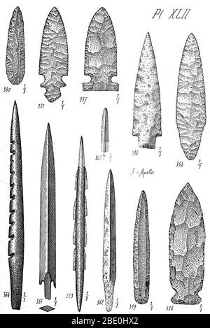 North American Mesolithic and Neolithic spear heads and other weapons and flint tools. Stock Photo