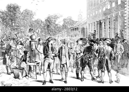 Entitled: 'Reading the Declaration of Independence by John Nixon, from the steps of Independence Hall, Philadelphia, July 8, 1776.' The Declaration of Independence was printed during the late afternoon on Thursday, July 4, by John Dunlap, a local Philadelphia printer. Congress ordered that copies be sent 'to the several Assemblies, Conventions, and Committees or Councils of Safety, and to the several Commanding officers of the Continental Troops, that it be proclaimed in each of the United States, and at the head of the Army.' By the next morning copies were on their way to all thirteen states Stock Photo