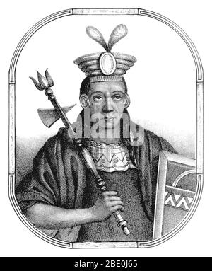 Mayta Cápac (Mayta Qhapaq Inka) was the fourth Sapa Inca of the Kingdom of Cuzco (beginning around 1290) and a member of the Hurin dynasty. The chroniclers describe him as a great warrior who conquered territories as far as Lake Titicaca, Arequipa, and Potosí. While in fact, his kingdom was still limited to the valley of Cuzco. In 1134, Mayta Cápac put the regions of Arequipa and Moquegua under the control of the Inca empire. His great military feat was the subjugation of Alcabisas and Culunchimas tribes. Image taken from page 59 of 'Recuerdos de la Monarquia Peruana, ó bosquejo de la historia Stock Photo