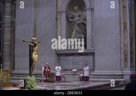 Vatican City State, Vatican City. 10th Apr, 2020. Pope Francis celebrates the ceremony of the Good Friday Passion of the Lord Mass in Saint Peter's Basilica at the Vatican on Friday, April 10, 2020 The ceremony was seen via video. Photo by Stefano Spaziani/UPI Credit: UPI/Alamy Live News Stock Photo