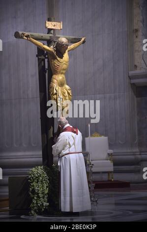 Vatican City State, Vatican City. 10th Apr, 2020. Pope Francis celebrates the ceremony of the Good Friday Passion of the Lord Mass in Saint Peter's Basilica at the Vatican on Friday, April 10, 2020 The ceremony was seen via video. Photo by Stefano Spaziani/UPI Credit: UPI/Alamy Live News Stock Photo