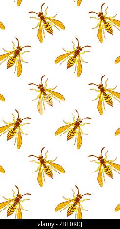 Wasp insect vertical seamless wallpaper. Dangerous yellow bugs cover on white backdrop. Vector Bumblebee drawing mobile banner. Wild Nature graphic print. Stock Vector